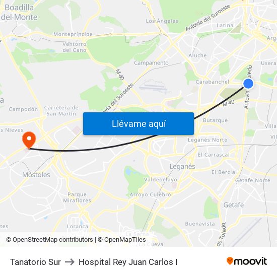 Tanatorio Sur to Hospital Rey Juan Carlos I map