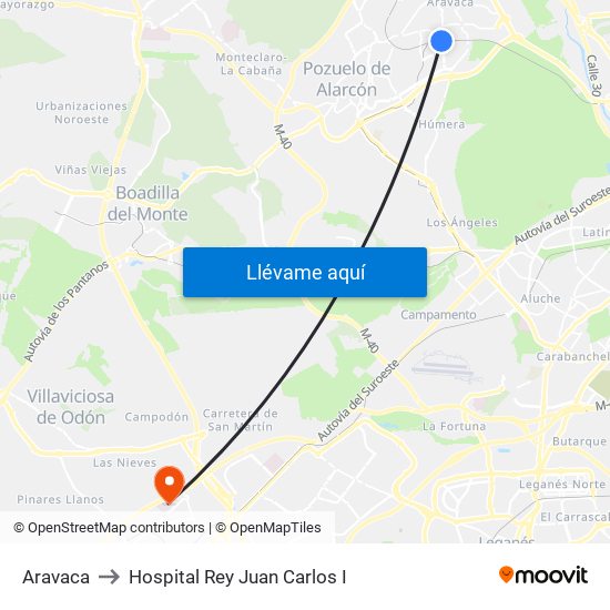 Aravaca to Hospital Rey Juan Carlos I map