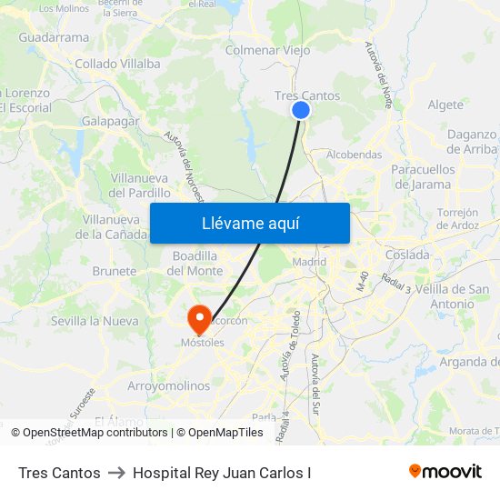 Tres Cantos to Hospital Rey Juan Carlos I map