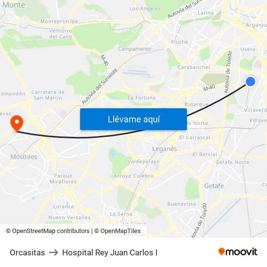 Orcasitas to Hospital Rey Juan Carlos I map