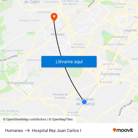 Humanes to Hospital Rey Juan Carlos I map