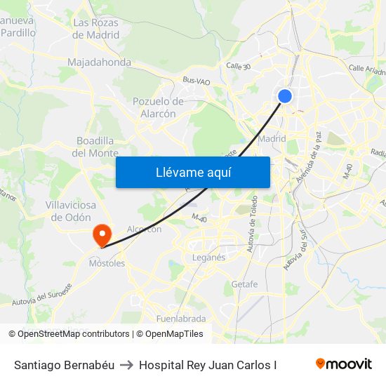 Santiago Bernabéu to Hospital Rey Juan Carlos I map