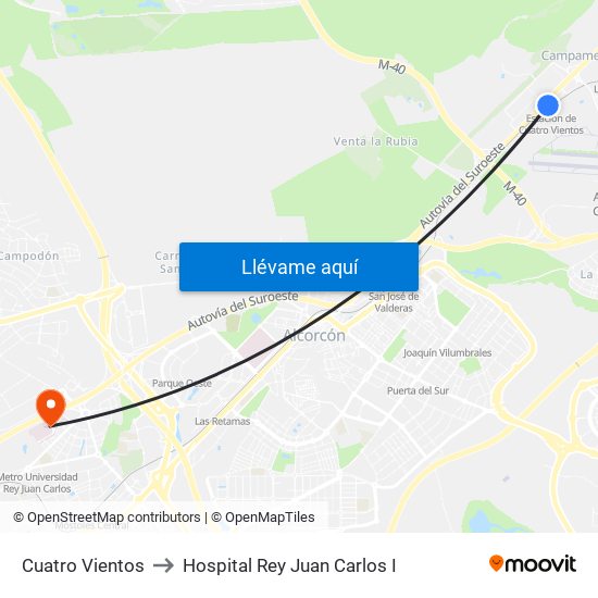 Cuatro Vientos to Hospital Rey Juan Carlos I map