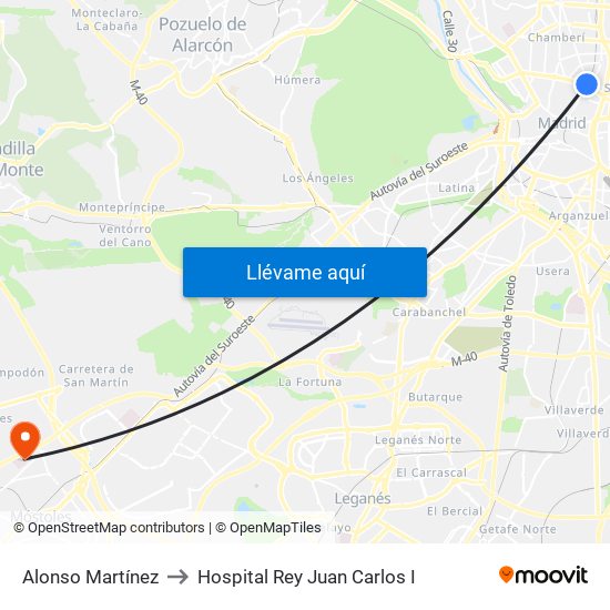 Alonso Martínez to Hospital Rey Juan Carlos I map