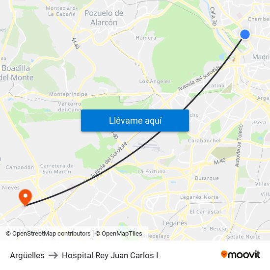 Argüelles to Hospital Rey Juan Carlos I map