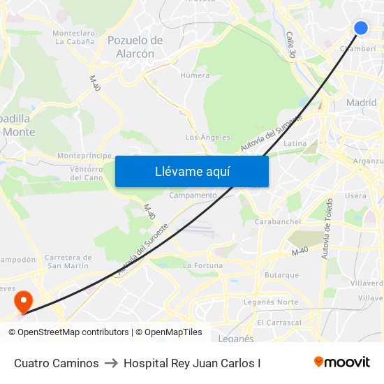 Cuatro Caminos to Hospital Rey Juan Carlos I map