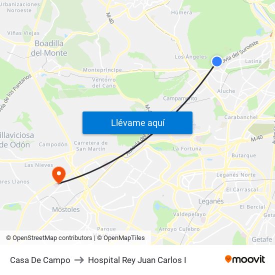 Casa De Campo to Hospital Rey Juan Carlos I map
