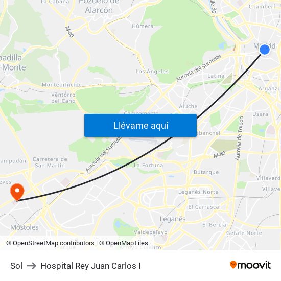 Sol to Hospital Rey Juan Carlos I map