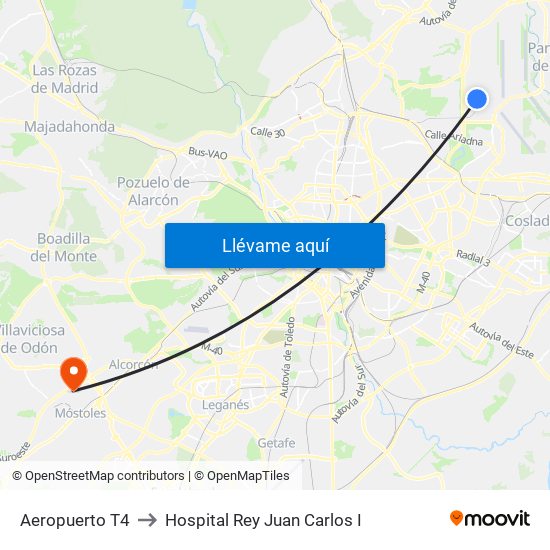 Aeropuerto T4 to Hospital Rey Juan Carlos I map