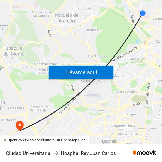 Ciudad Universitaria to Hospital Rey Juan Carlos I map