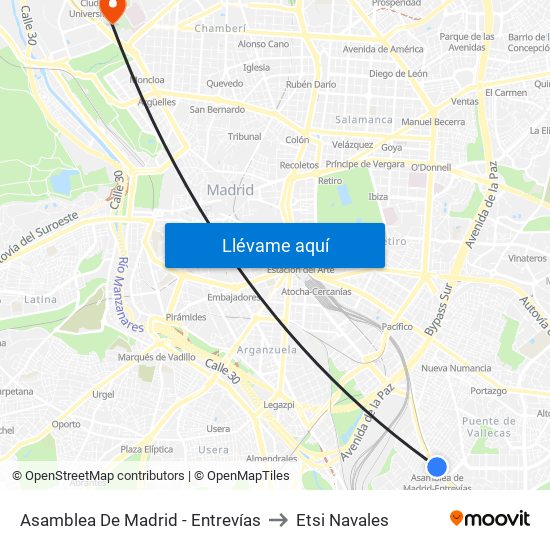 Asamblea De Madrid - Entrevías to Etsi Navales map