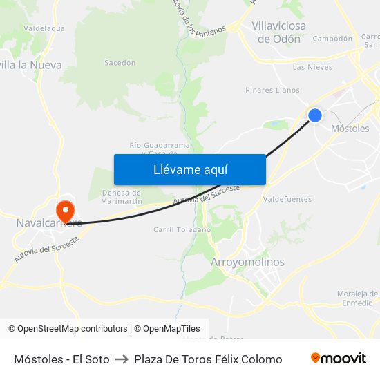 Móstoles - El Soto to Plaza De Toros Félix Colomo map
