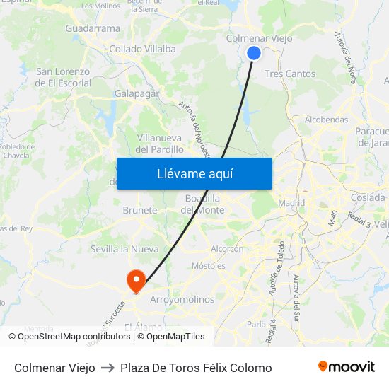 Colmenar Viejo to Plaza De Toros Félix Colomo map