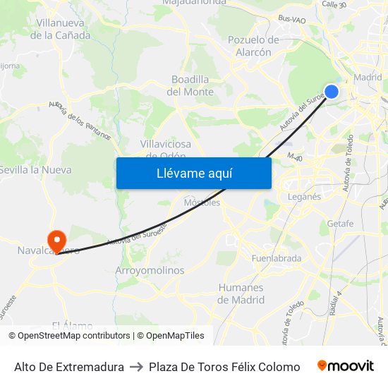 Alto De Extremadura to Plaza De Toros Félix Colomo map
