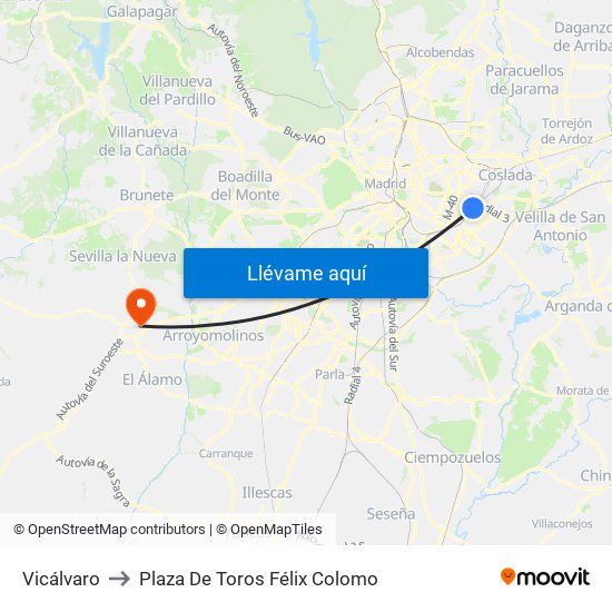 Vicálvaro to Plaza De Toros Félix Colomo map