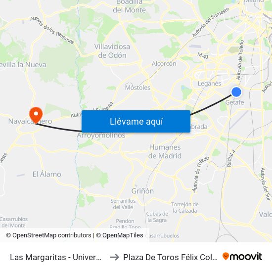 Las Margaritas - Universidad to Plaza De Toros Félix Colomo map