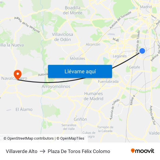 Villaverde Alto to Plaza De Toros Félix Colomo map