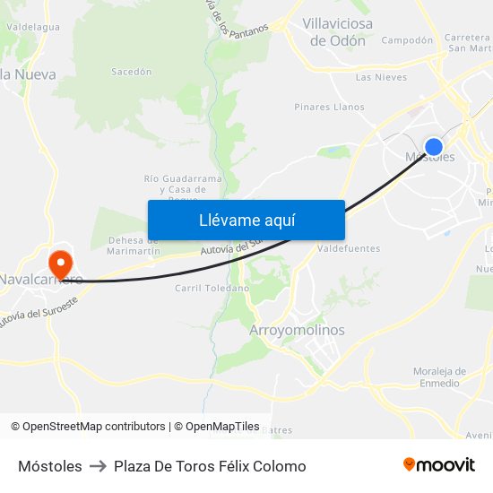 Móstoles to Plaza De Toros Félix Colomo map