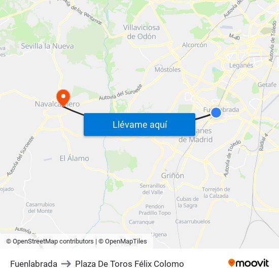 Fuenlabrada to Plaza De Toros Félix Colomo map