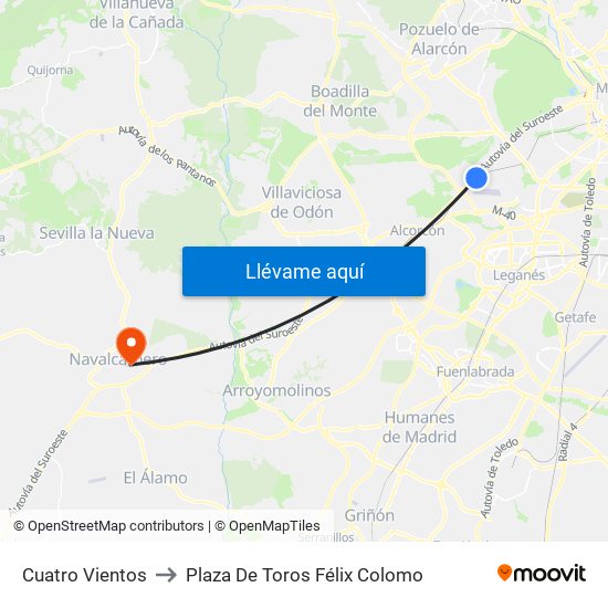 Cuatro Vientos to Plaza De Toros Félix Colomo map