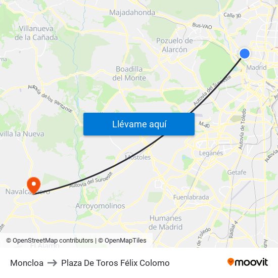 Moncloa to Plaza De Toros Félix Colomo map