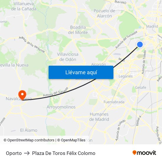 Oporto to Plaza De Toros Félix Colomo map