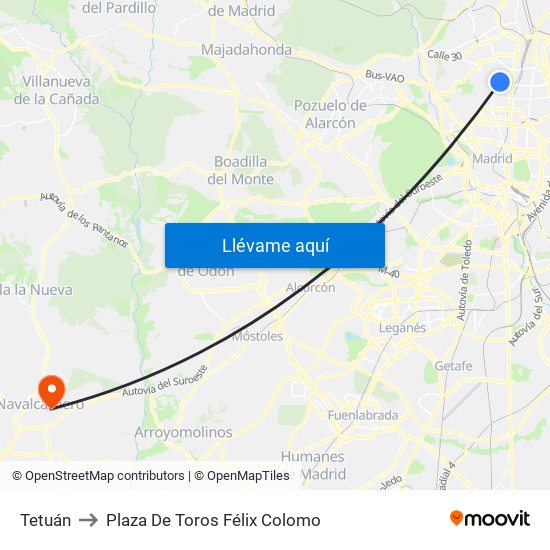 Tetuán to Plaza De Toros Félix Colomo map