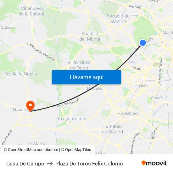 Casa De Campo to Plaza De Toros Félix Colomo map