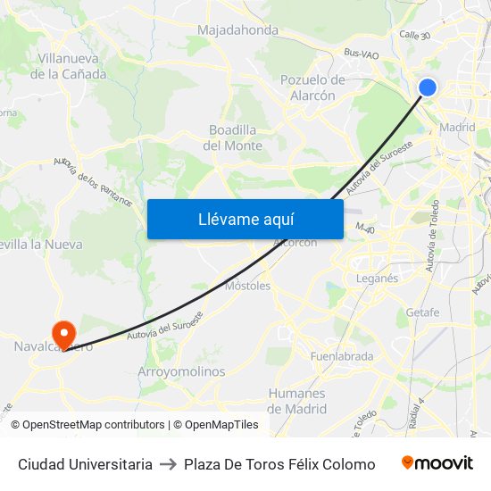 Ciudad Universitaria to Plaza De Toros Félix Colomo map