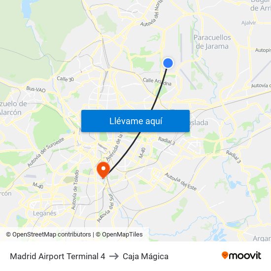 Madrid Airport Terminal 4 to Caja Mágica map
