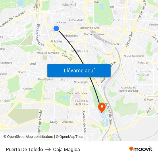 Puerta De Toledo to Caja Mágica map