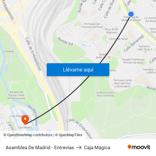 Asamblea De Madrid - Entrevías to Caja Mágica map