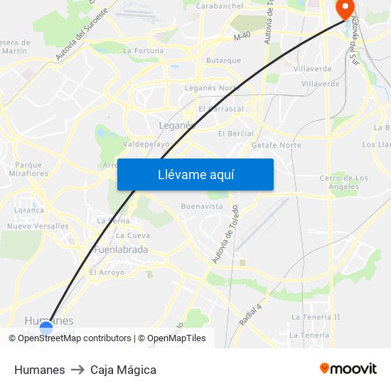 Humanes to Caja Mágica map