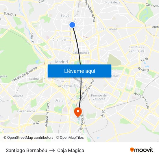 Santiago Bernabéu to Caja Mágica map