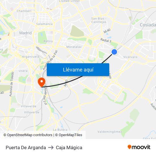 Puerta De Arganda to Caja Mágica map