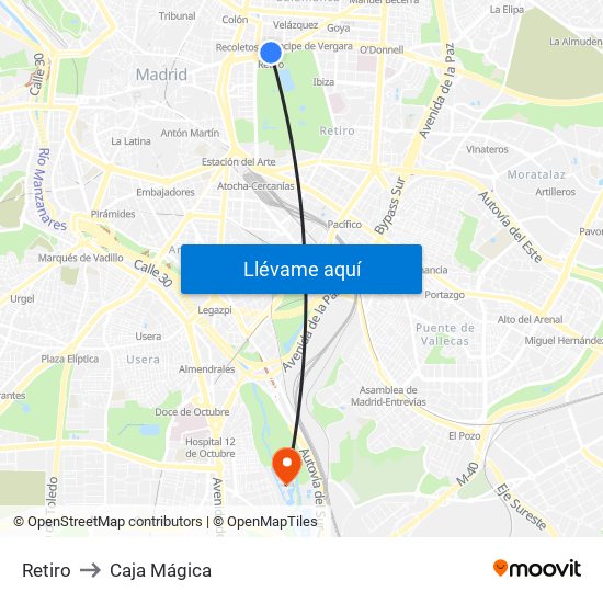 Retiro to Caja Mágica map
