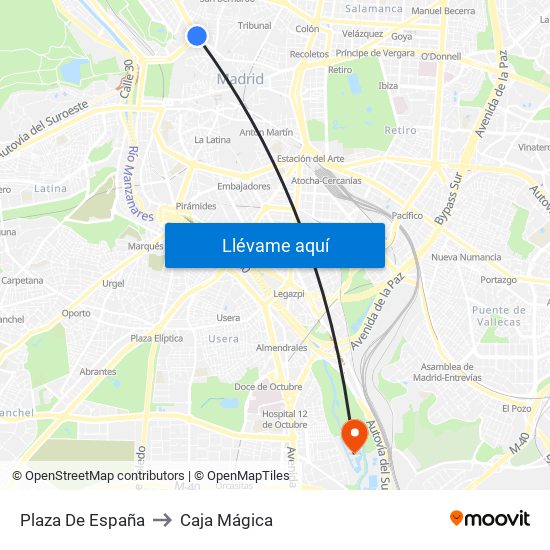 Plaza De España to Caja Mágica map
