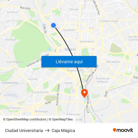 Ciudad Universitaria to Caja Mágica map
