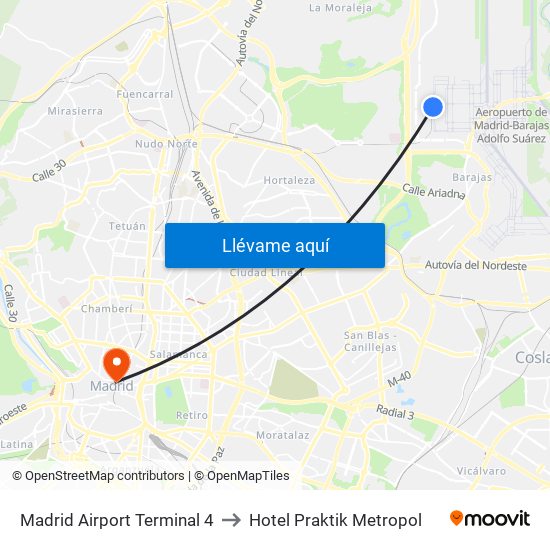 Madrid Airport Terminal 4 to Hotel Praktik Metropol map