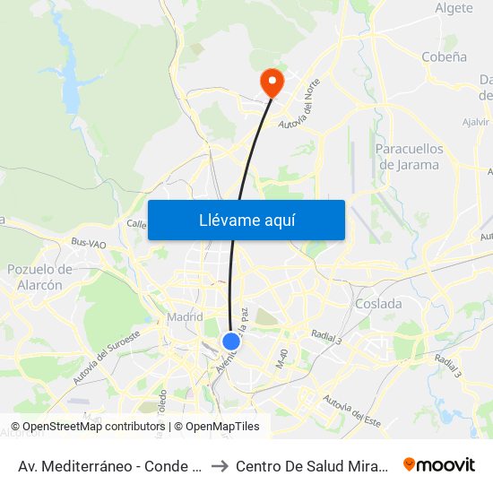 Av. Mediterráneo - Conde Casal to Centro De Salud Miraflores map