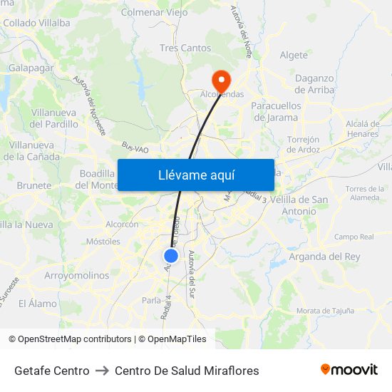 Getafe Centro to Centro De Salud Miraflores map
