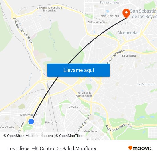 Tres Olivos to Centro De Salud Miraflores map