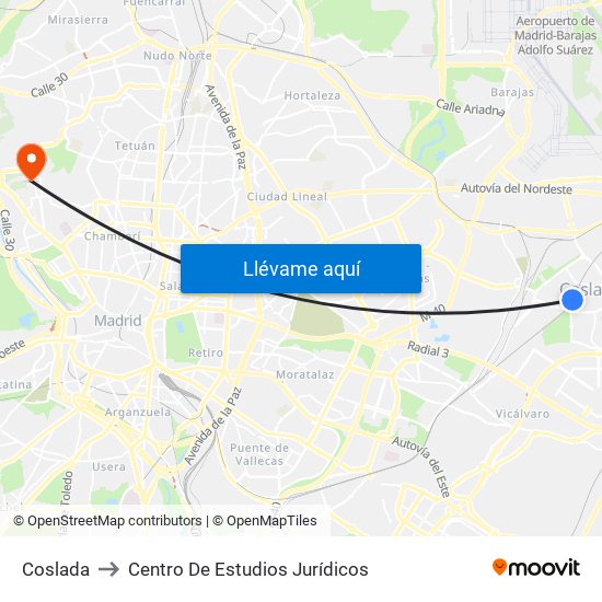Coslada to Centro De Estudios Jurídicos map