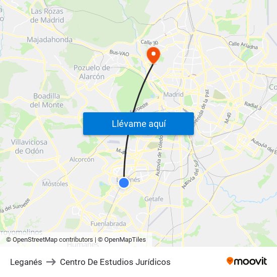 Leganés to Centro De Estudios Jurídicos map