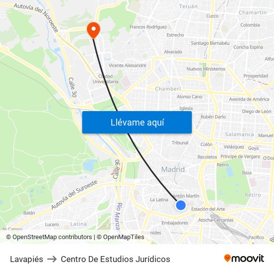 Lavapiés to Centro De Estudios Jurídicos map