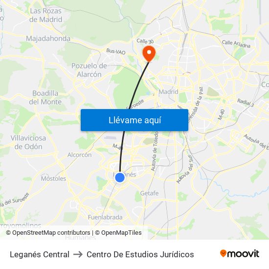 Leganés Central to Centro De Estudios Jurídicos map