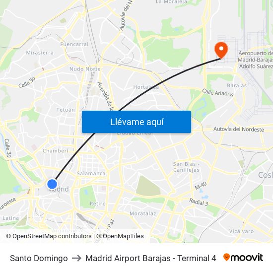 Santo Domingo to Madrid Airport Barajas - Terminal 4 map