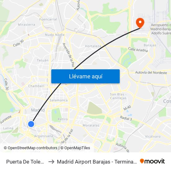 Puerta De Toledo to Madrid Airport Barajas - Terminal 4 map