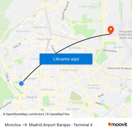Moncloa to Madrid Airport Barajas - Terminal 4 map