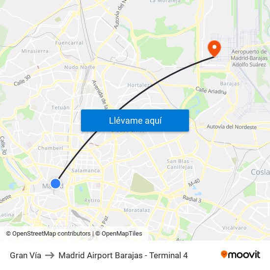 Gran Vía to Madrid Airport Barajas - Terminal 4 map